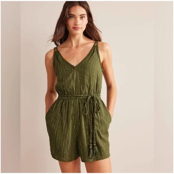NWT Boden Grecian Playsuit Romper Green Metallic Gold Striped Pockets D0674 12 - Picture 1 of 7